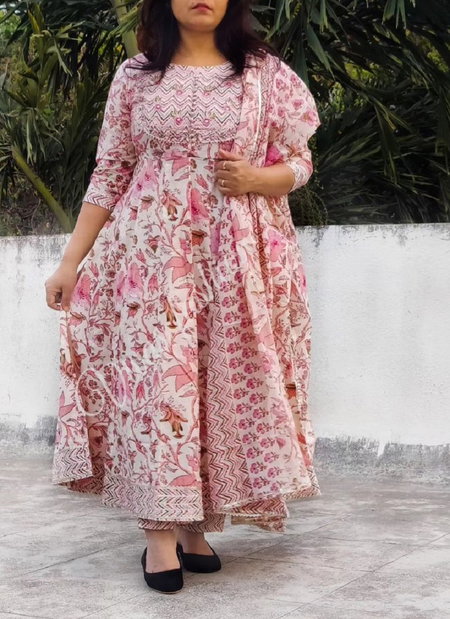MT Designer Printed Anarkali Cotton Kurti With Bottom Dupatta Wholesale Price In Surat

